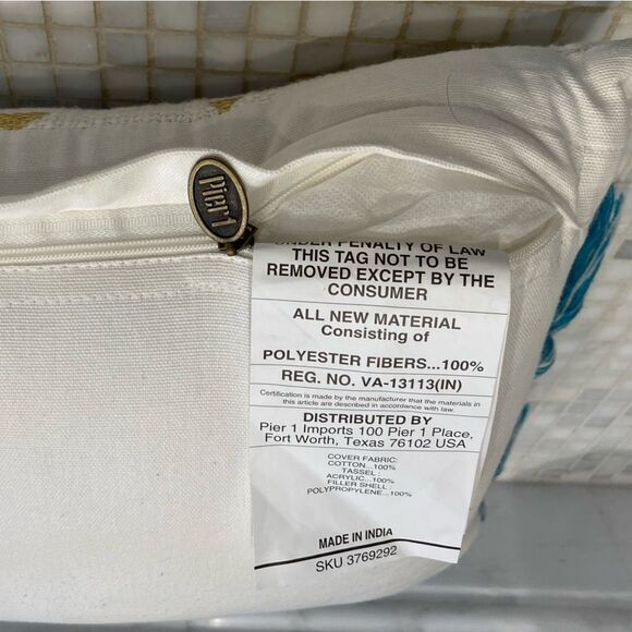 Pier One Lumbar Teal White Pillow with Tassels - Picture 8 of 9